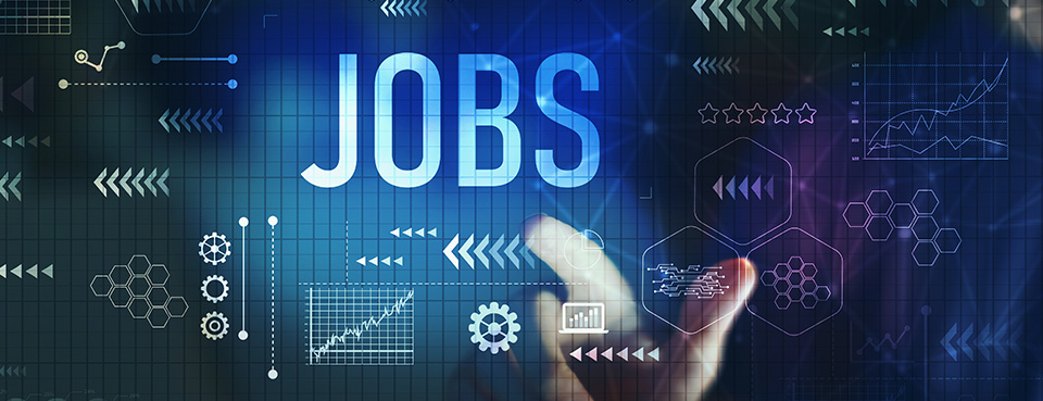 futuristisches Userinterface mit Schriftzug 'Jobs' auf den ein Finger tippt